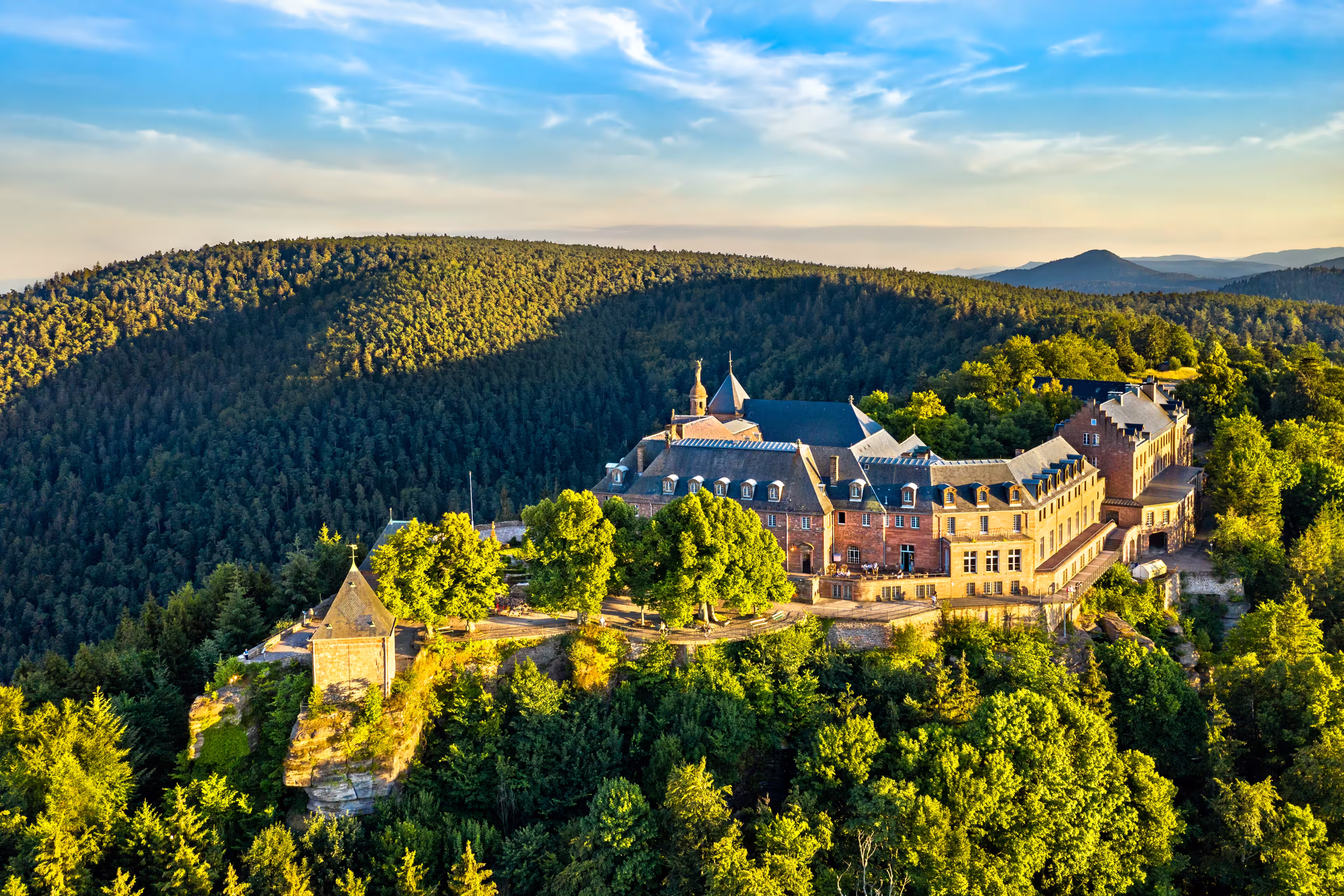 Mont Sainte-Odile Abbey in the Vosges Mountains. Major tourist attraction in Alsace, France