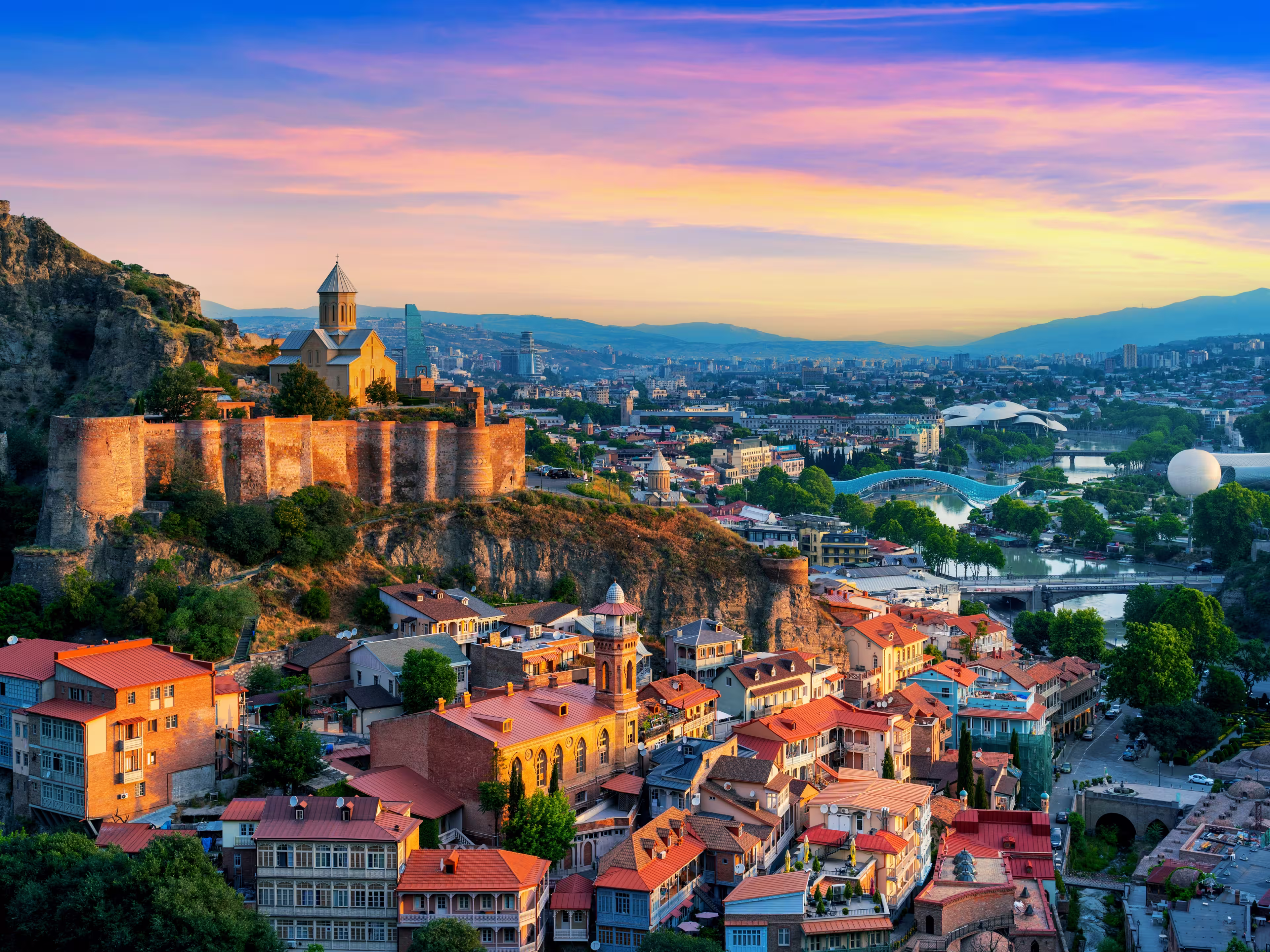 Tbilisi city at sunrise in Georgia.