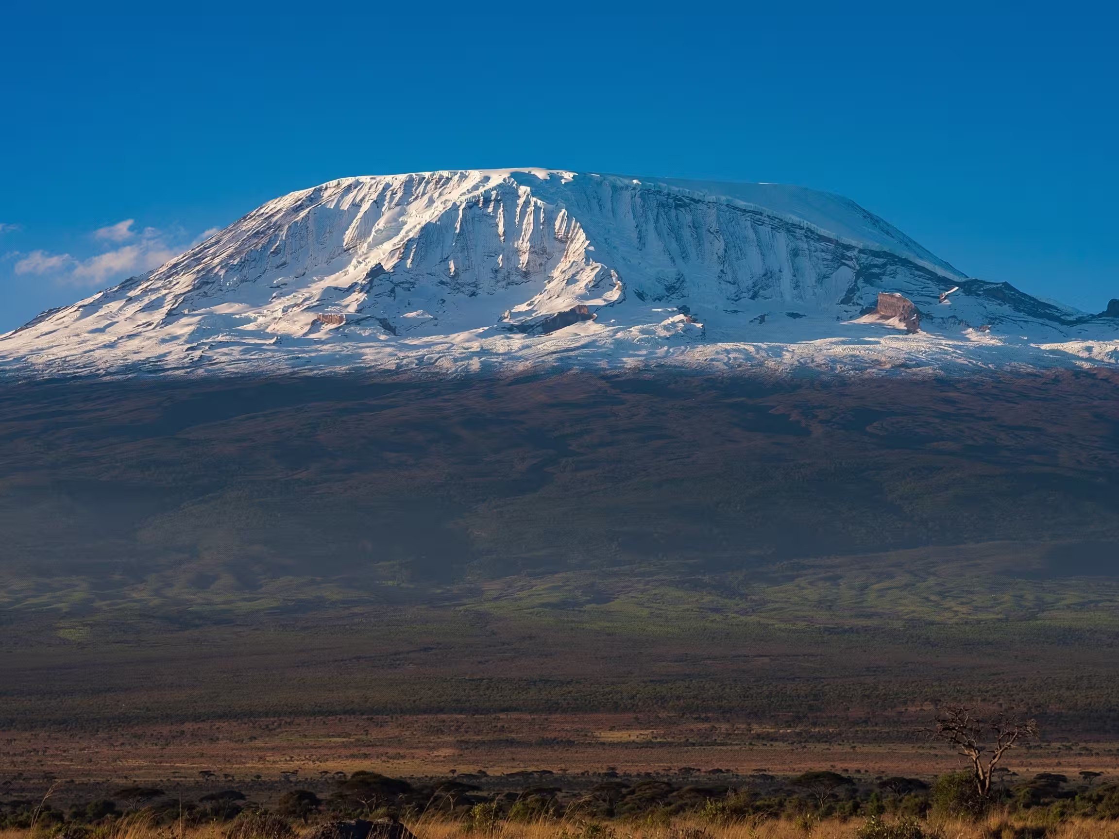 Mount Kilimanjaro landscape in Tanzania with snow-capped summit rising above plains. Highest mountain in Africa, iconic natural landmark ideal for travel, adventure, and nature photography.