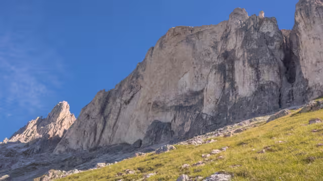 Roda di Vael/Rotwand (Red Wall) mountain as seen from trail 549 on hike to Coronelle refuge from Roda di Vael refuge, Catinaccio mountain massif, Dolomites, province of Trento, South Tyrol, Italy