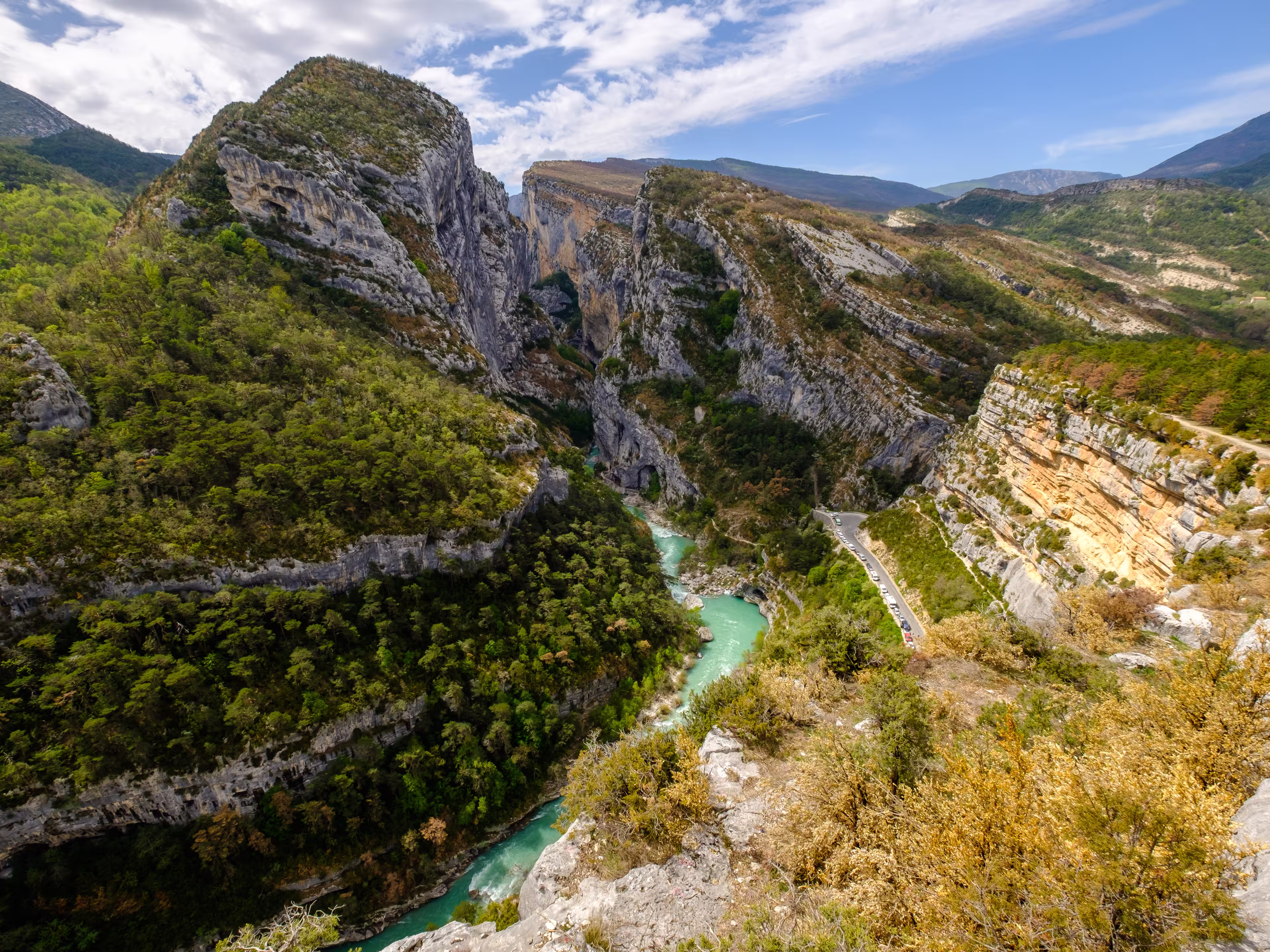 Panoramic view on the Verdon Gorges from "Point Sublime", the Alpes de Haute Provence, France. Spring.