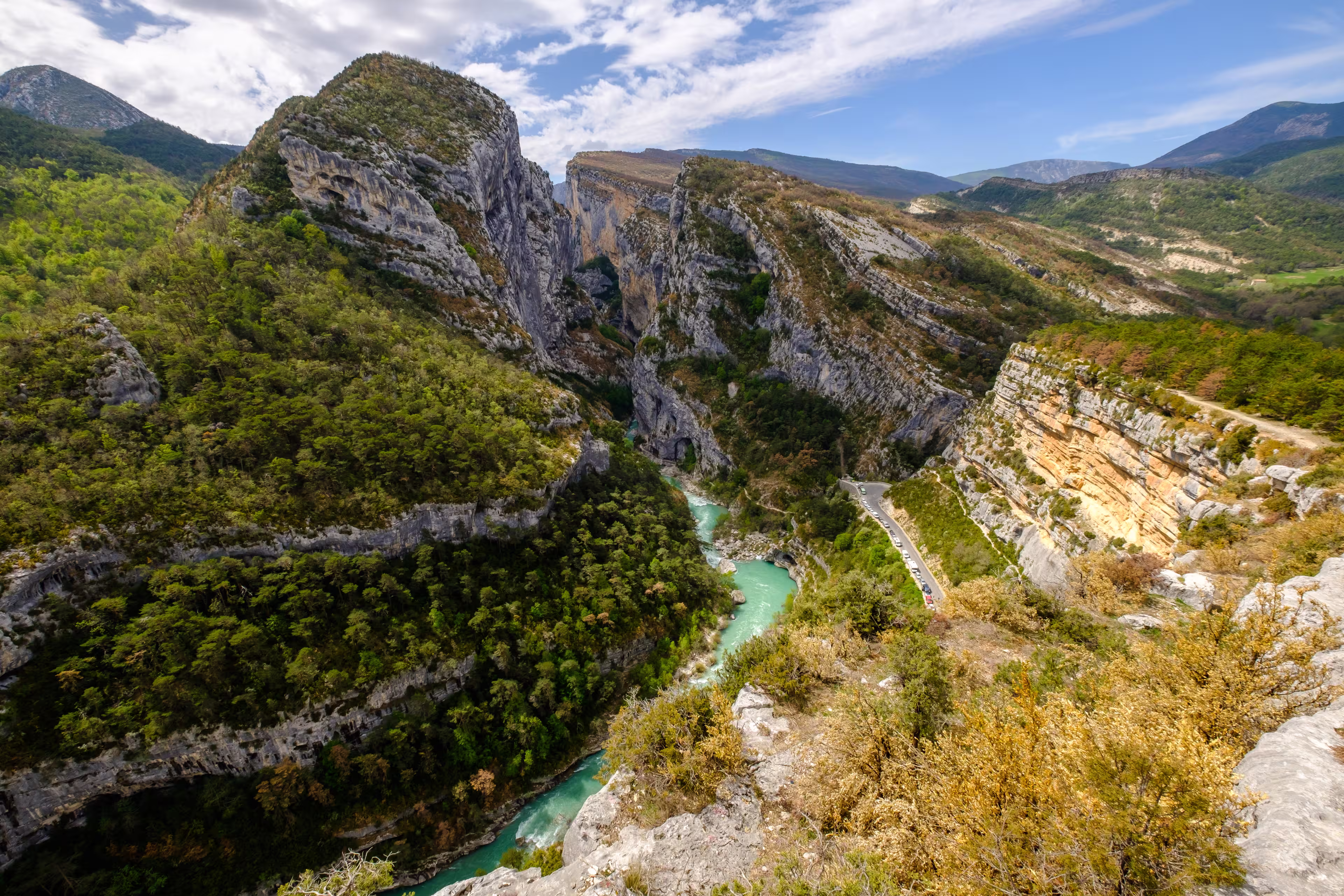 Panoramic view on the Verdon Gorges from "Point Sublime", the Alpes de Haute Provence, France. Spring.