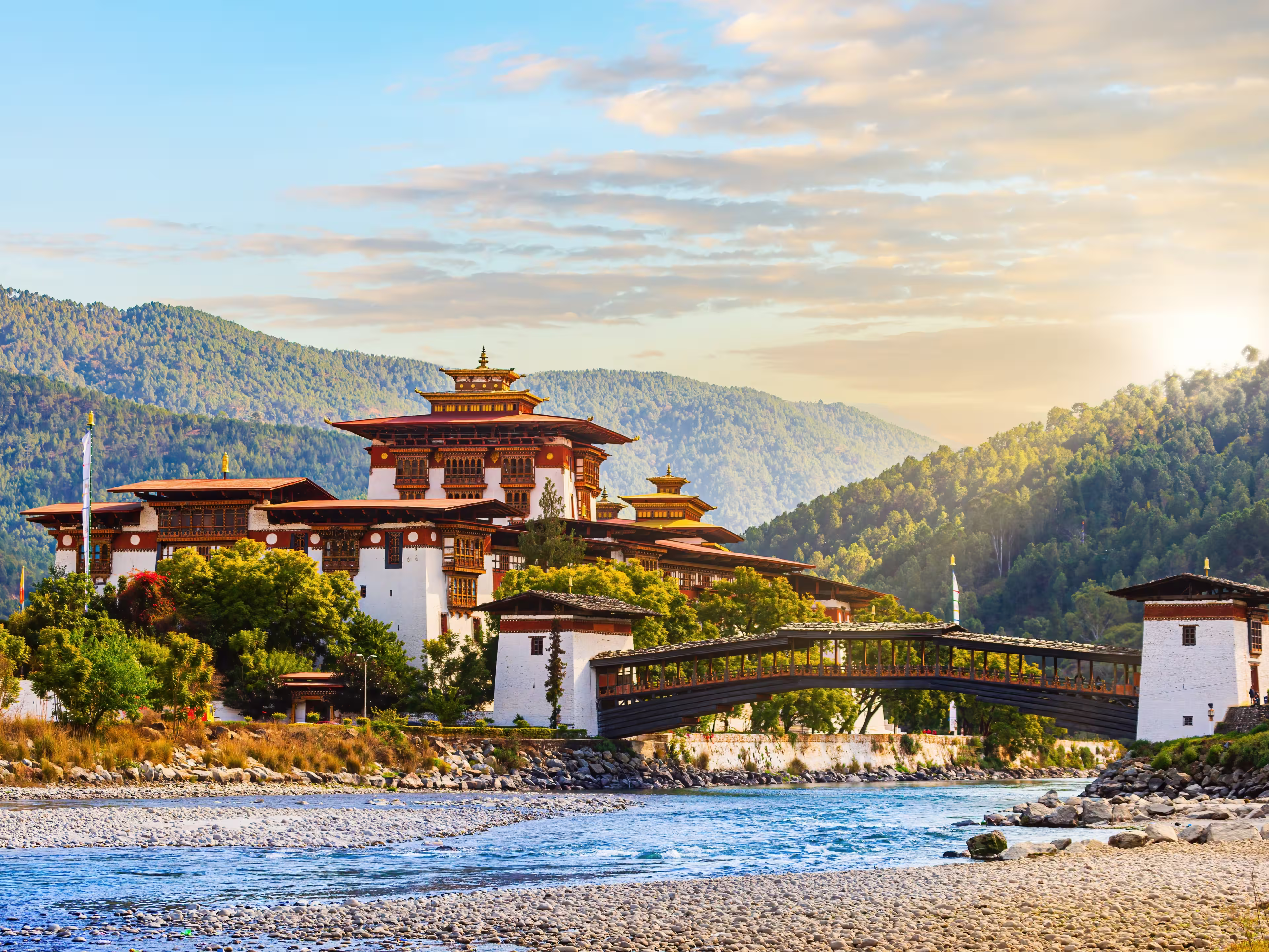 Punakha Dzong at the Mo Chhu river in Bhutan