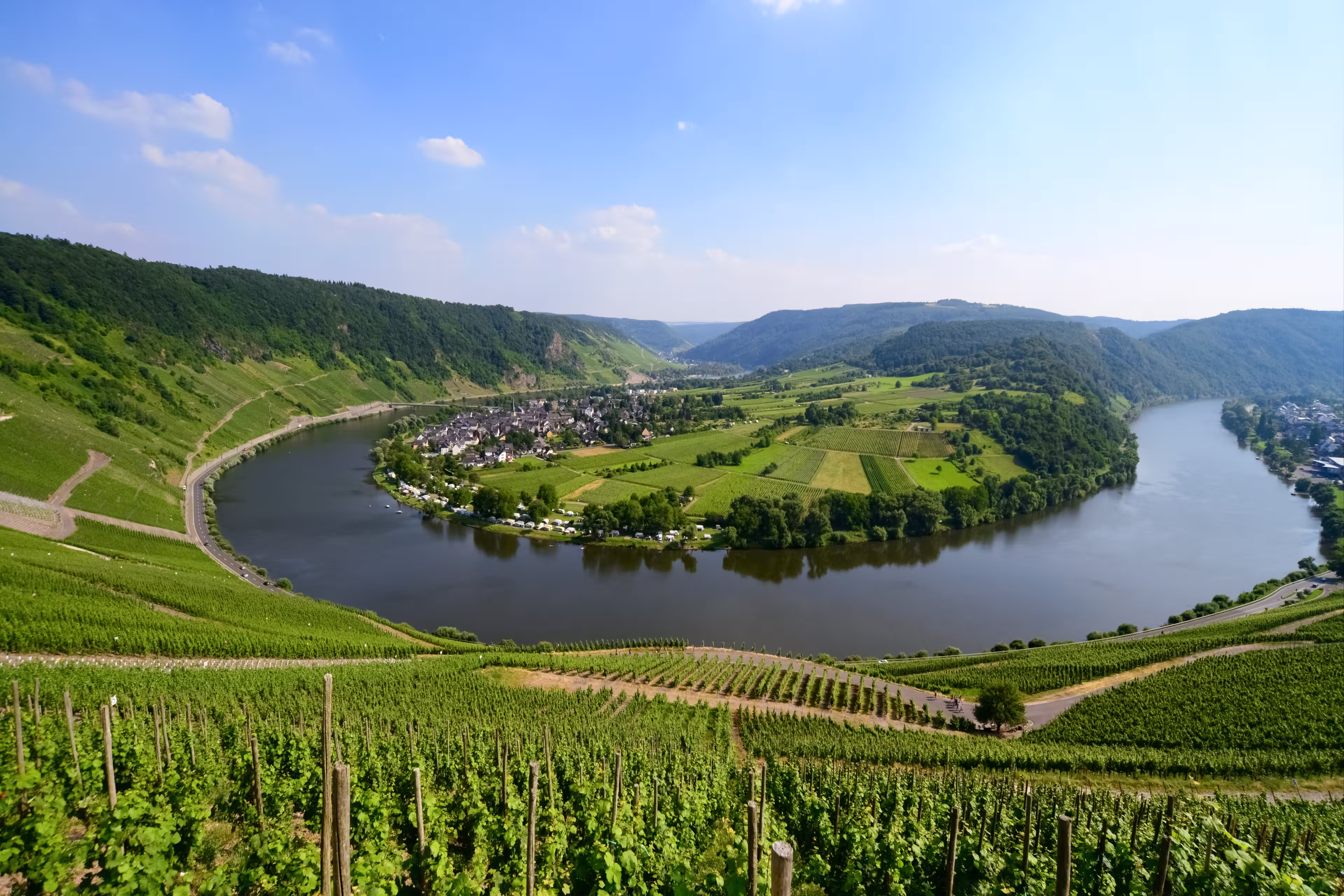 Famous Mosel River Loop Panorama near Kröv, Wolf and Traben-Trabach Germany with Wine Yards, idyllic landscape scenery and vinery villages. Sunny summer day with blue sky, clear view to horizon.