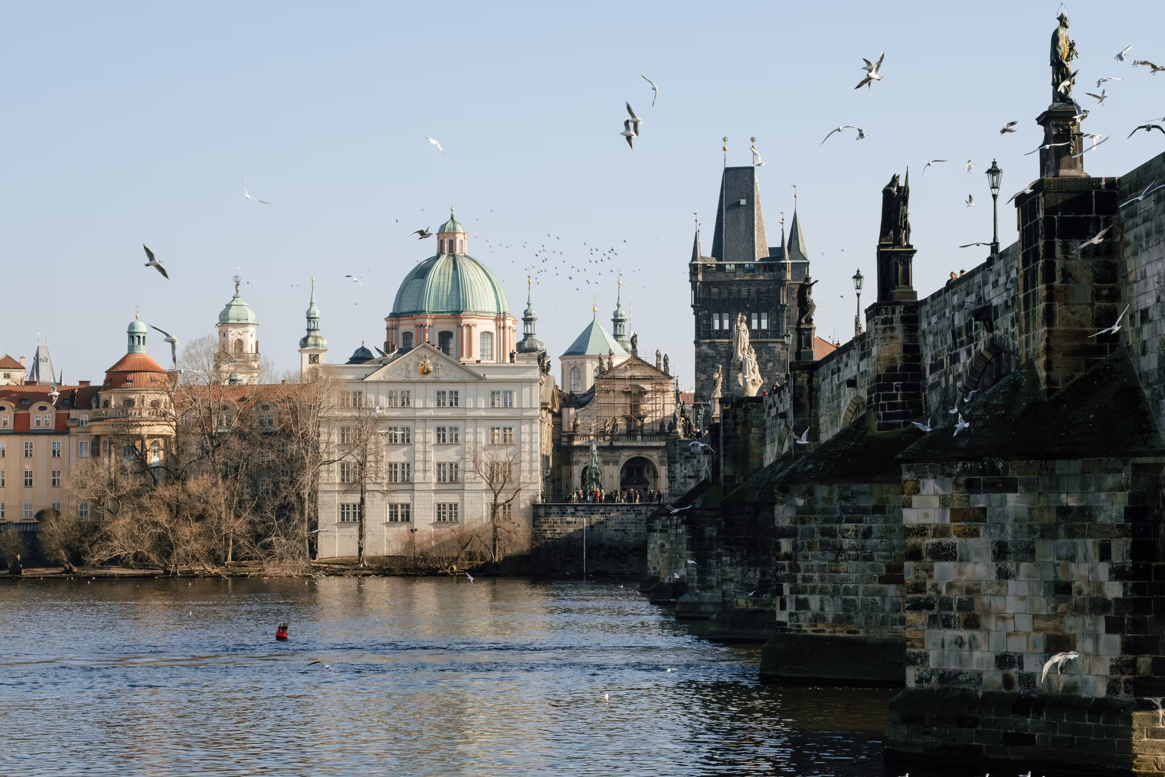 Historic Charles Bridge with Gothic towers spans Vltava River under vibrant blue February sky. Famous Prague landmark with baroque statues glowing in winter sunlight.