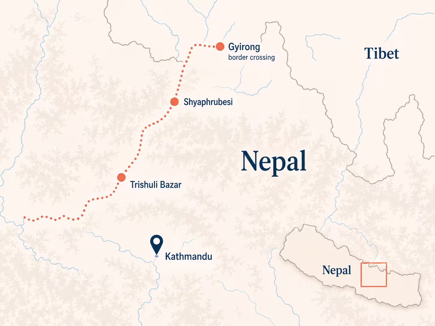 Karte des betroffenen Gebiets im Norden Nepals: Eine orange gepunktete Linie folgt dem Flusslauf vom Grenzübergang Gyirong an der tibetischen Grenze über Shyaphrubesi und Trishuli Bazar nach Westen. Kathmandu liegt südlich abseits der Strecke. Eine Übersichtskarte rechts unten verortet den Ausschnitt in Nepal.
