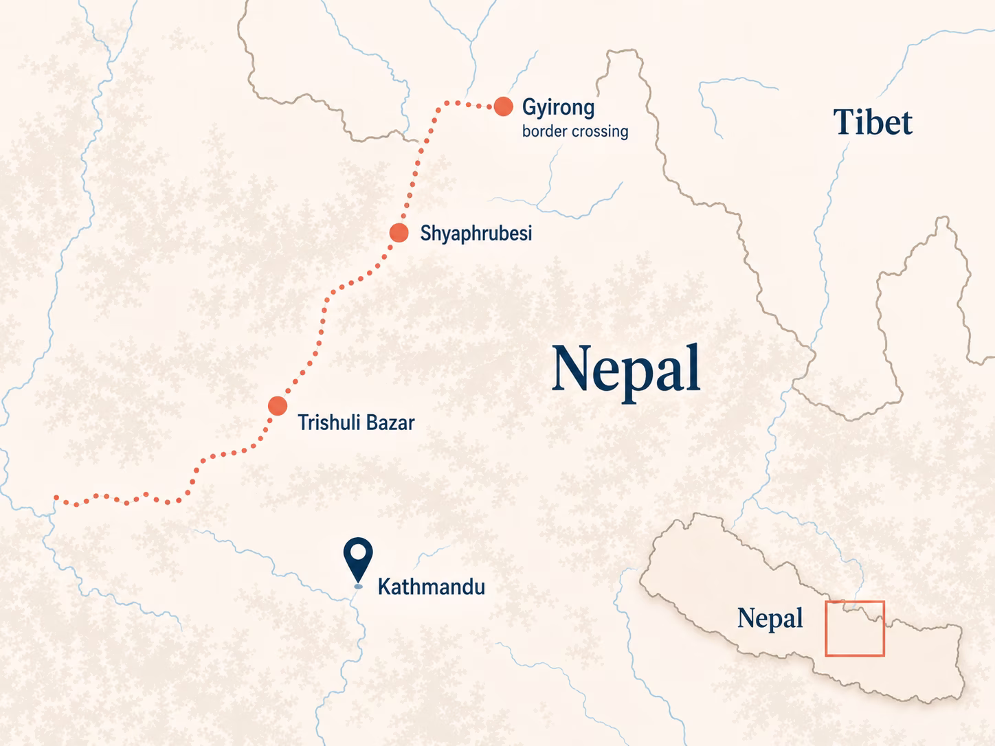 Karte des betroffenen Gebiets im Norden Nepals: Eine orange gepunktete Linie folgt dem Flusslauf vom Grenzübergang Gyirong an der tibetischen Grenze über Shyaphrubesi und Trishuli Bazar nach Westen. Kathmandu liegt südlich abseits der Strecke. Eine Übersichtskarte rechts unten verortet den Ausschnitt in Nepal.
