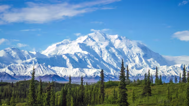 Early morning view of Mount Denali, the tallest peak in continental North America. One of those rare moments when the peak is not covered in clouds.