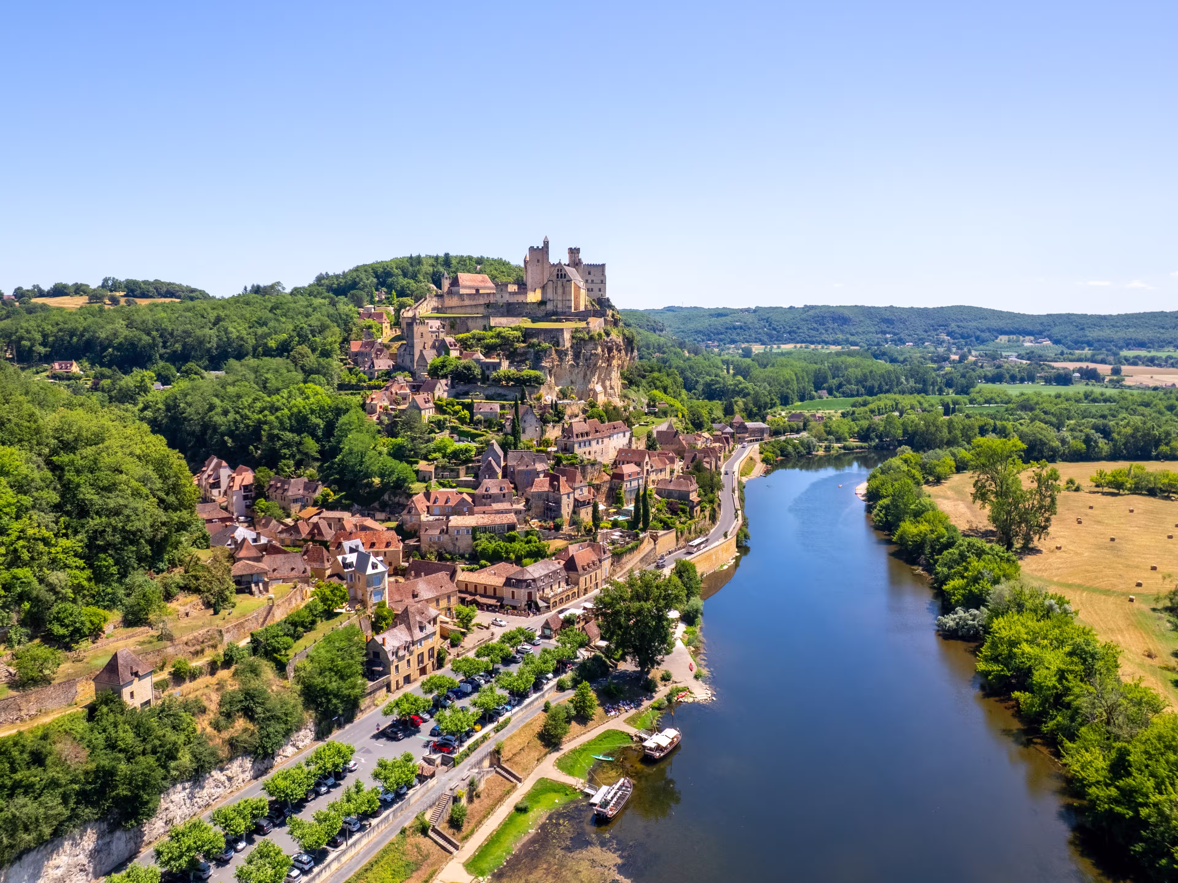 The Chateau de Beynac and the village of Cazenac along the Dordogne River, France