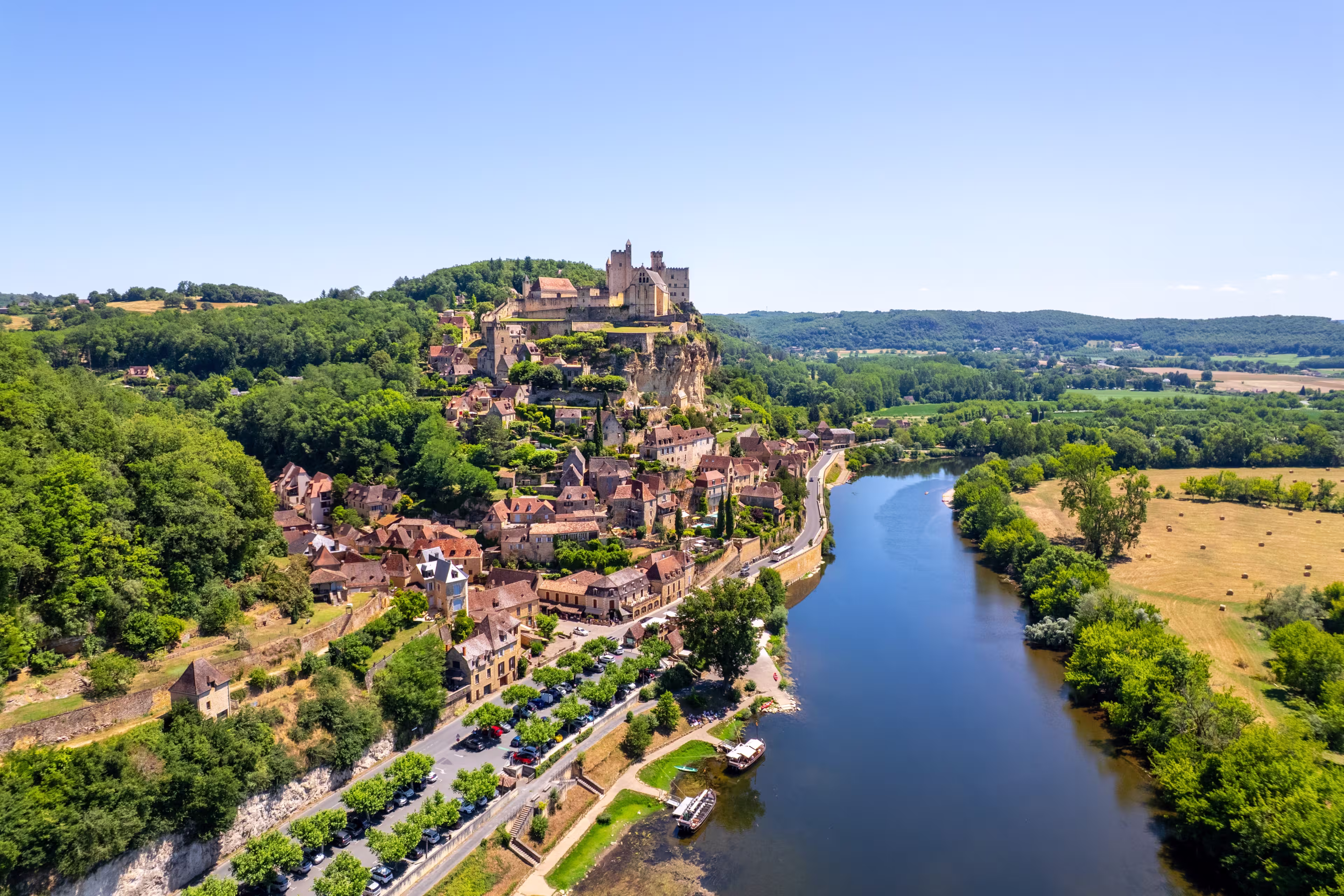 The Chateau de Beynac and the village of Cazenac along the Dordogne River, France