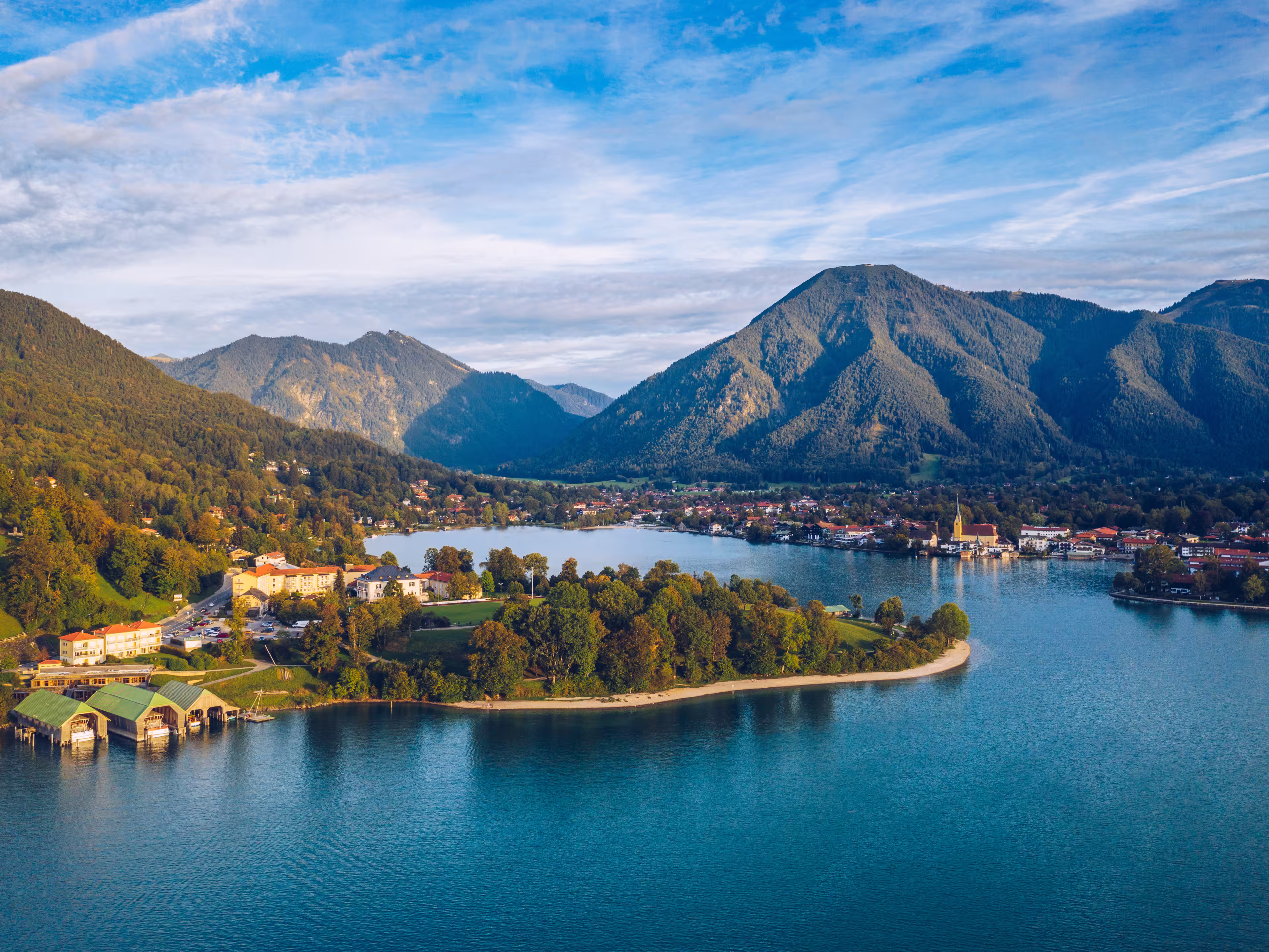 Tegernsee, Germany. Lake Tegernsee in Rottach-Egern (Bavaria), Germany near the Austrian border. Aerial view of the lake "Tegernsee" in the Alps of Bavaria. Bad Wiessee. Tegernsee lake in Bavaria.
