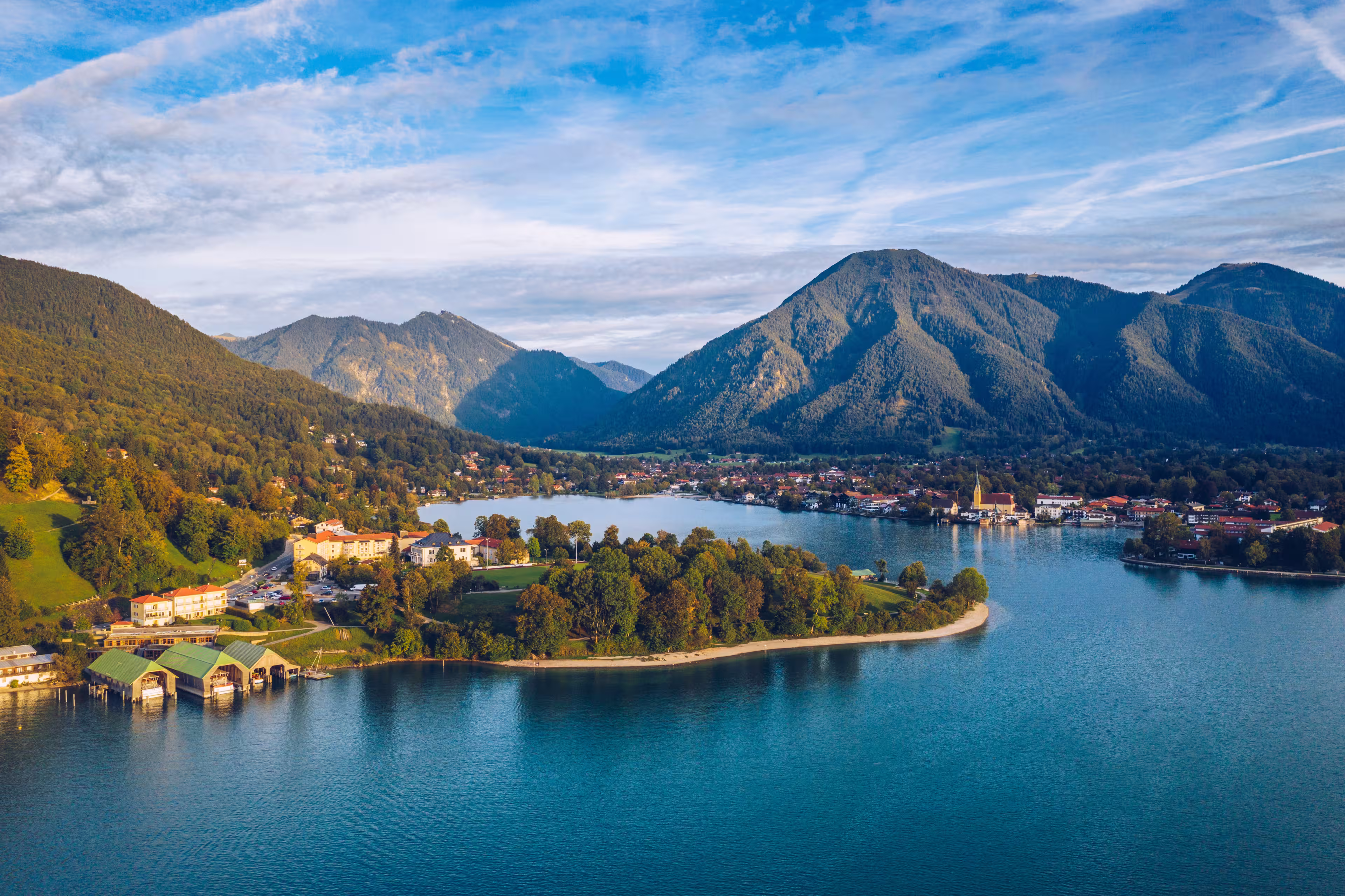 Tegernsee, Germany. Lake Tegernsee in Rottach-Egern (Bavaria), Germany near the Austrian border. Aerial view of the lake "Tegernsee" in the Alps of Bavaria. Bad Wiessee. Tegernsee lake in Bavaria.