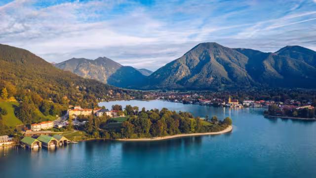 Tegernsee, Germany. Lake Tegernsee in Rottach-Egern (Bavaria), Germany near the Austrian border. Aerial view of the lake "Tegernsee" in the Alps of Bavaria. Bad Wiessee. Tegernsee lake in Bavaria.