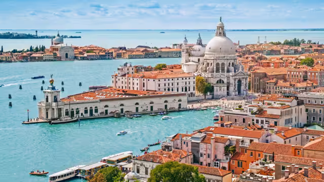 Panoramic aerial cityscape of Venice with Santa Maria della Salute church, Veneto, Italy