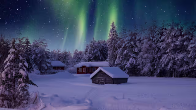 A magical night under the northern lights, where the stillness of the snowy Lapland whispers stories of wonder and serenity.