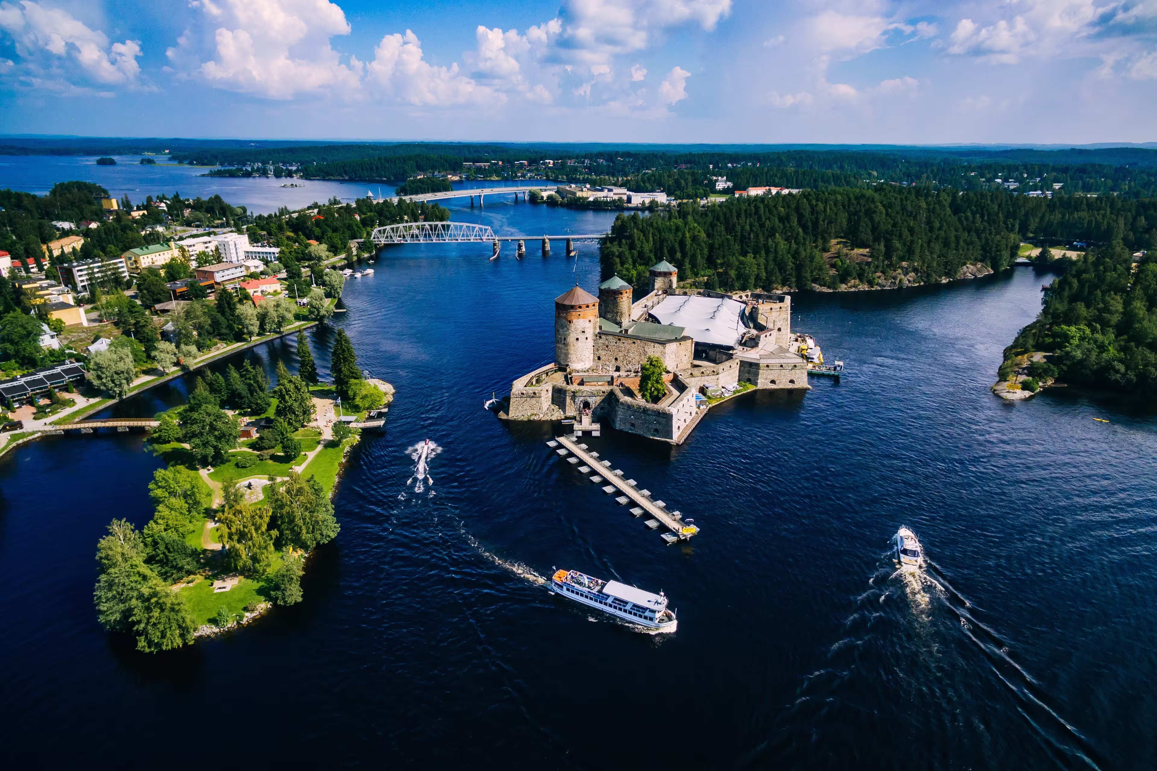 Aerial view of olavinlinna medieval castle in Savonlinna, Finland. Drone photography