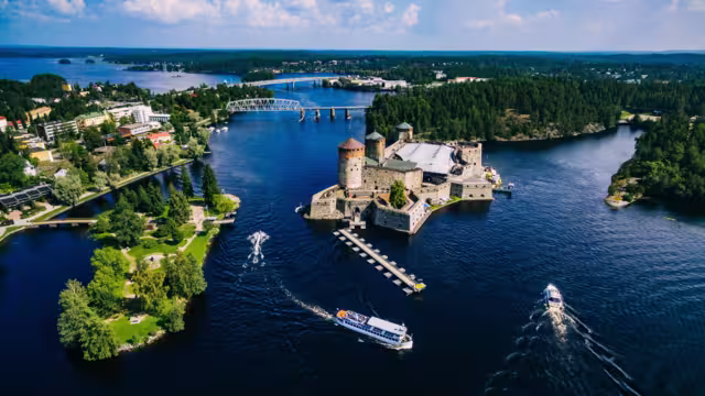 Aerial view of olavinlinna medieval castle in Savonlinna, Finland. Drone photography