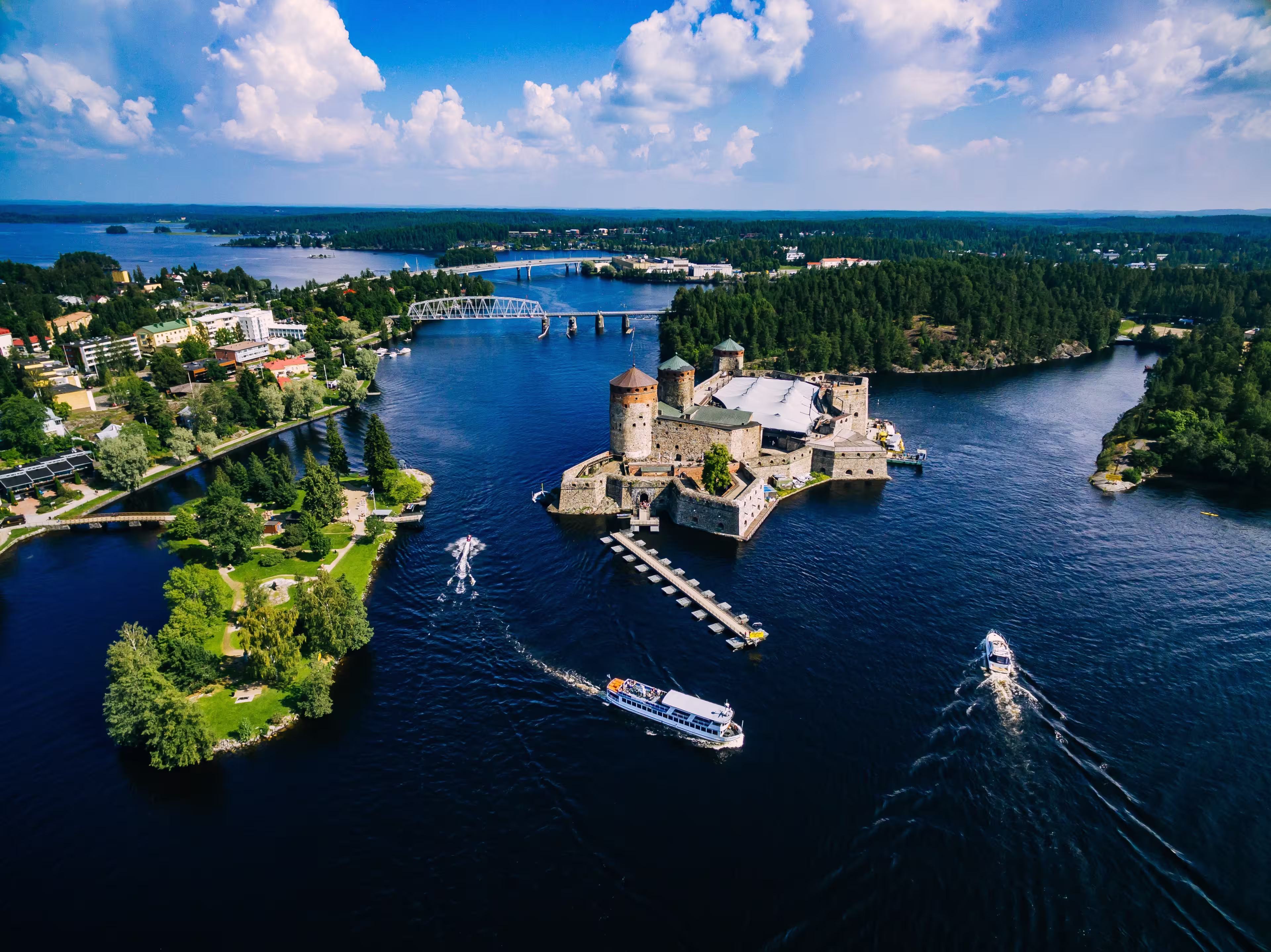 Aerial view of olavinlinna medieval castle in Savonlinna, Finland. Drone photography