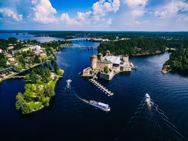 Aerial view of olavinlinna medieval castle in Savonlinna, Finland. Drone photography