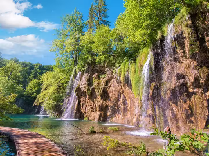 Incredibly beautiful fabulous magical landscape with a bridge near the waterfall in Plitvice, Croatia (harmony meditation, antistress - concept)