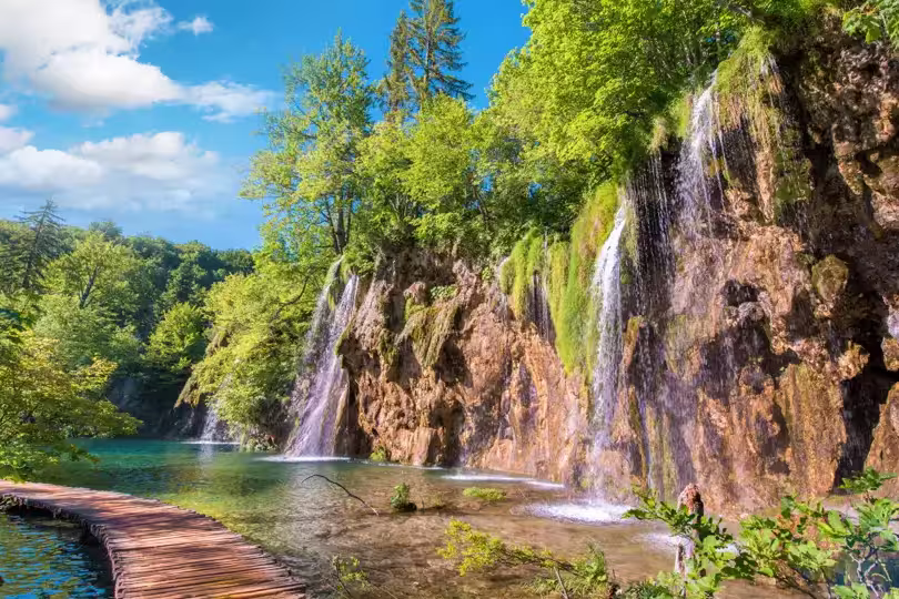Incredibly beautiful fabulous magical landscape with a bridge near the waterfall in Plitvice, Croatia (harmony meditation, antistress - concept)