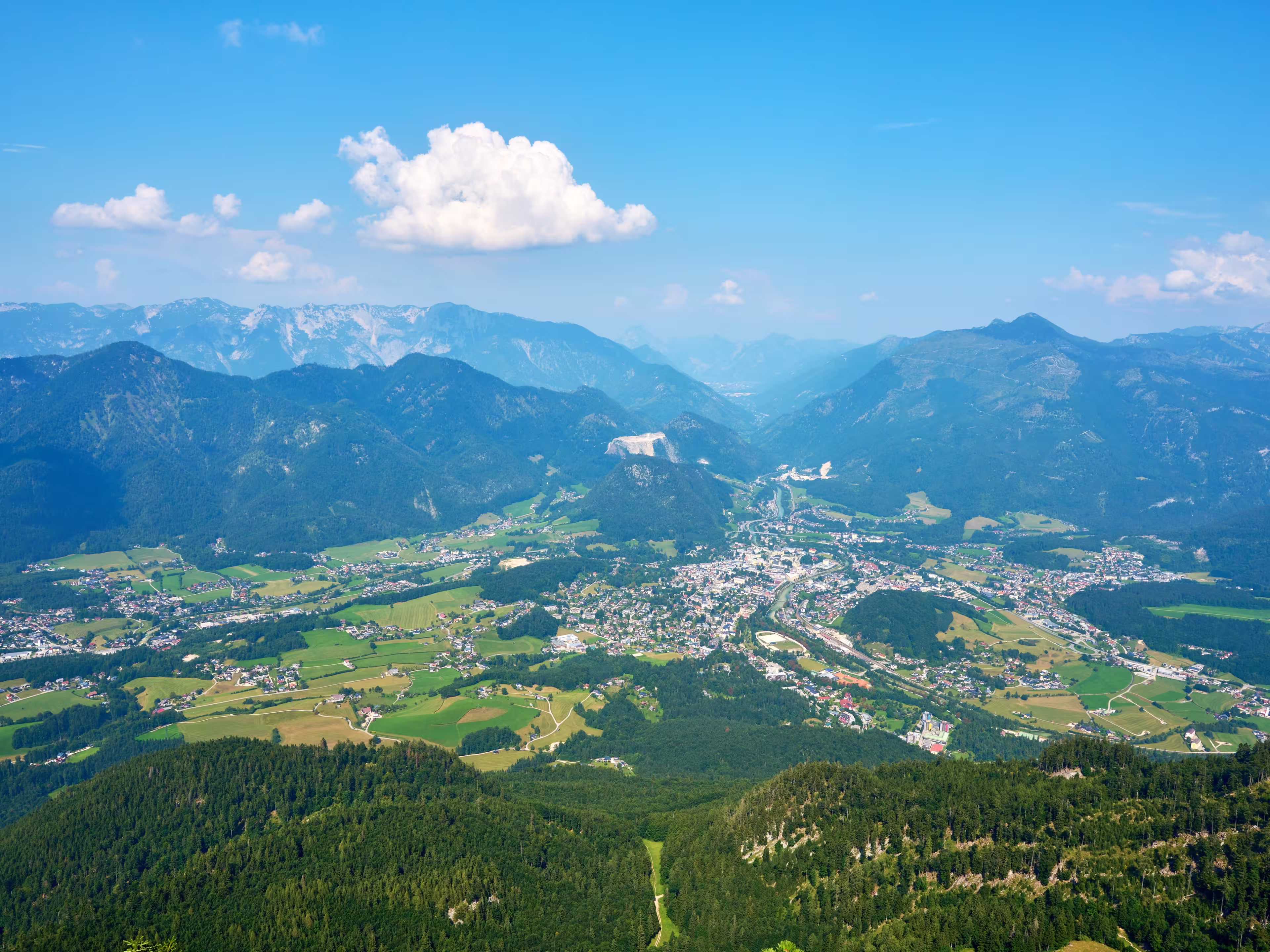 Scenic panoramic view of Bad Ischl seen from the summit of Mount Katrin in the Austrian Alps.