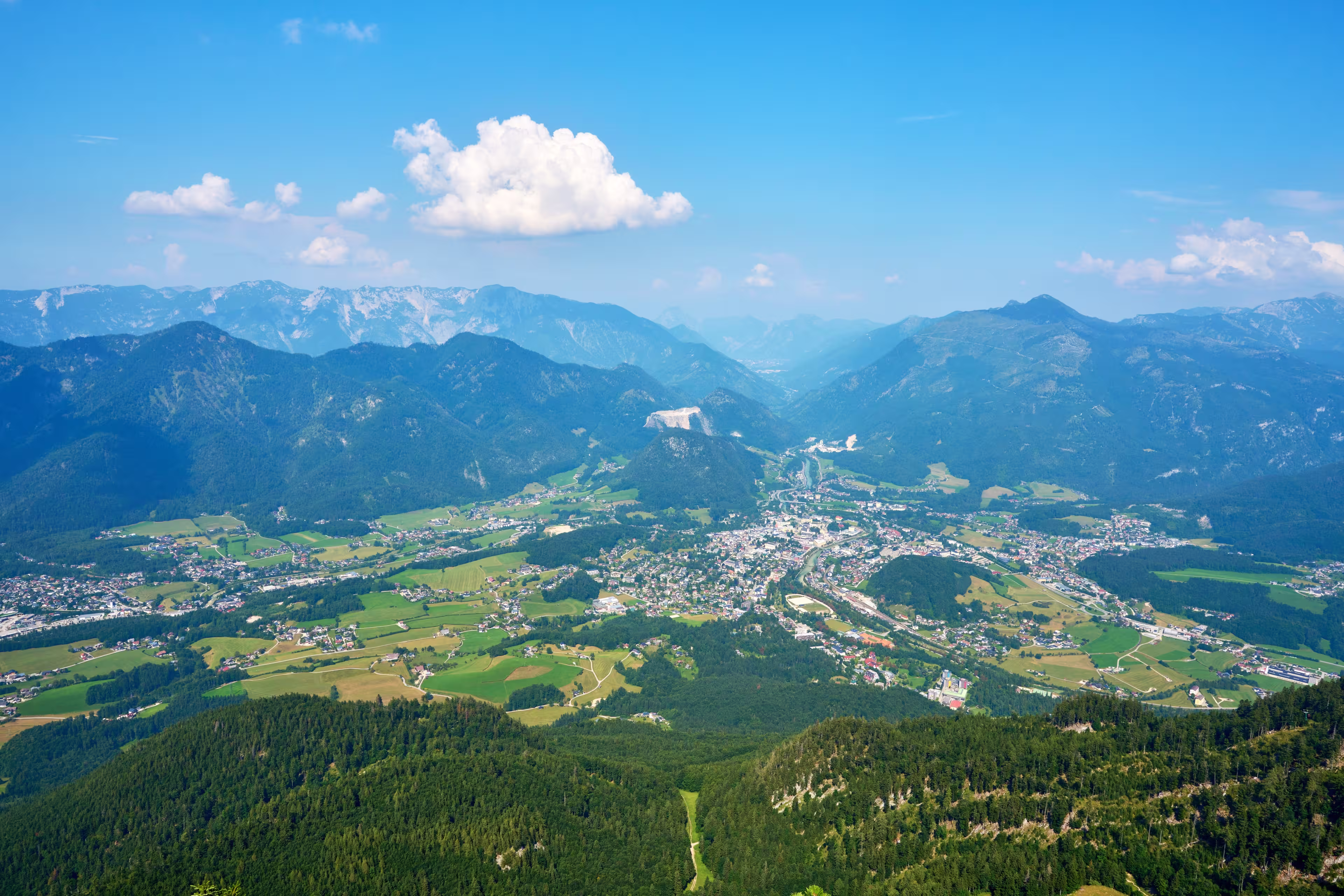 Scenic panoramic view of Bad Ischl seen from the summit of Mount Katrin in the Austrian Alps.