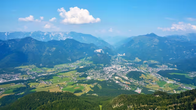 Scenic panoramic view of Bad Ischl seen from the summit of Mount Katrin in the Austrian Alps.