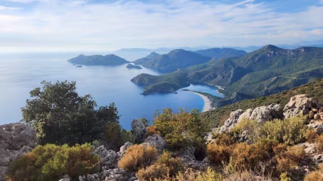 Türkiye, Antalya, Andifli, the Lycian Way. Fethiye, Oludeniz. Rocky slope overlooking the bay.