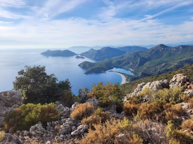 Türkiye, Antalya, Andifli, the Lycian Way. Fethiye, Oludeniz. Rocky slope overlooking the bay.