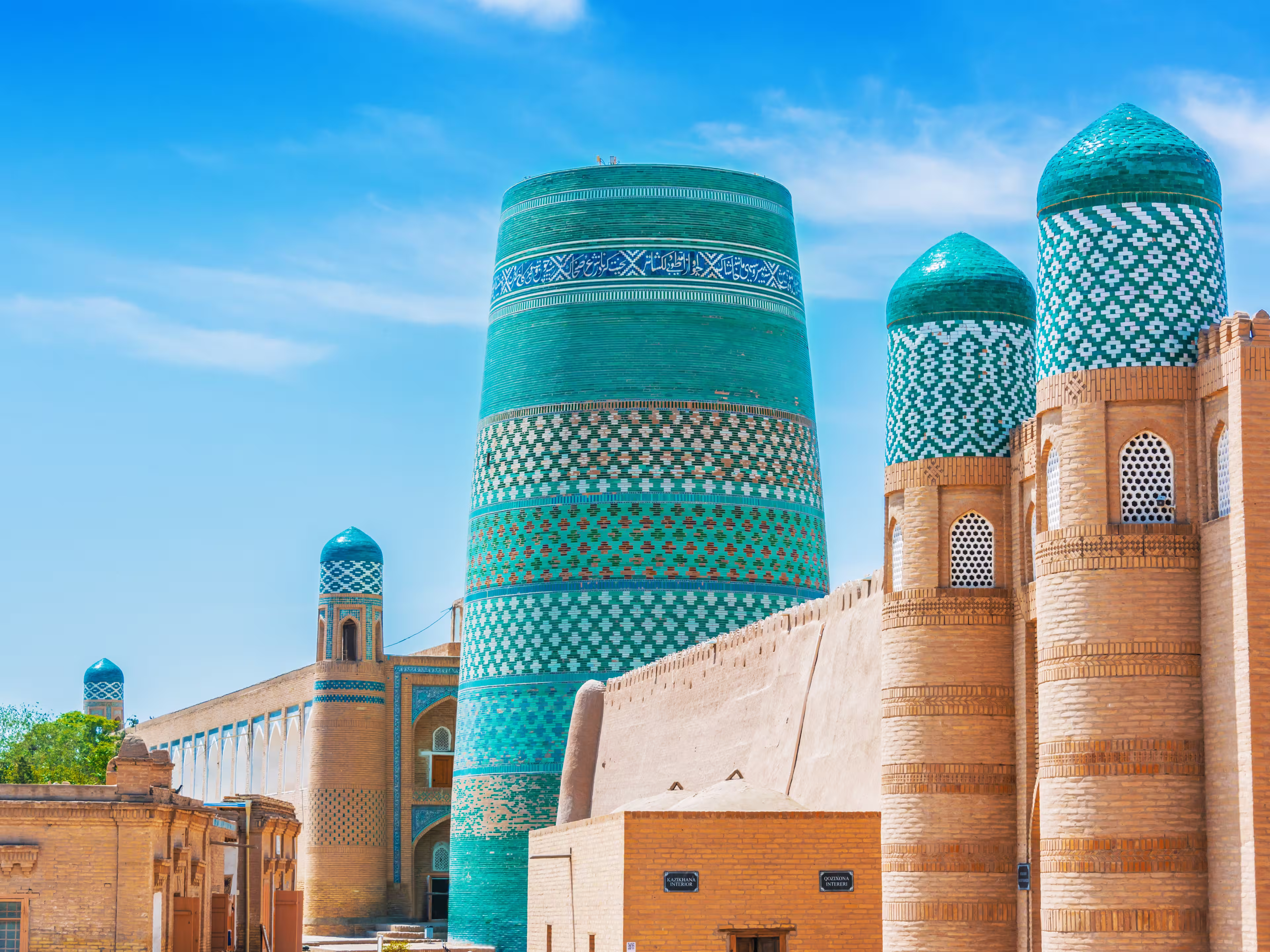 Historic architecture of Itchan Kala, walled inner town of the city of Khiva, Uzbekistan. UNESCO World Heritage Site.