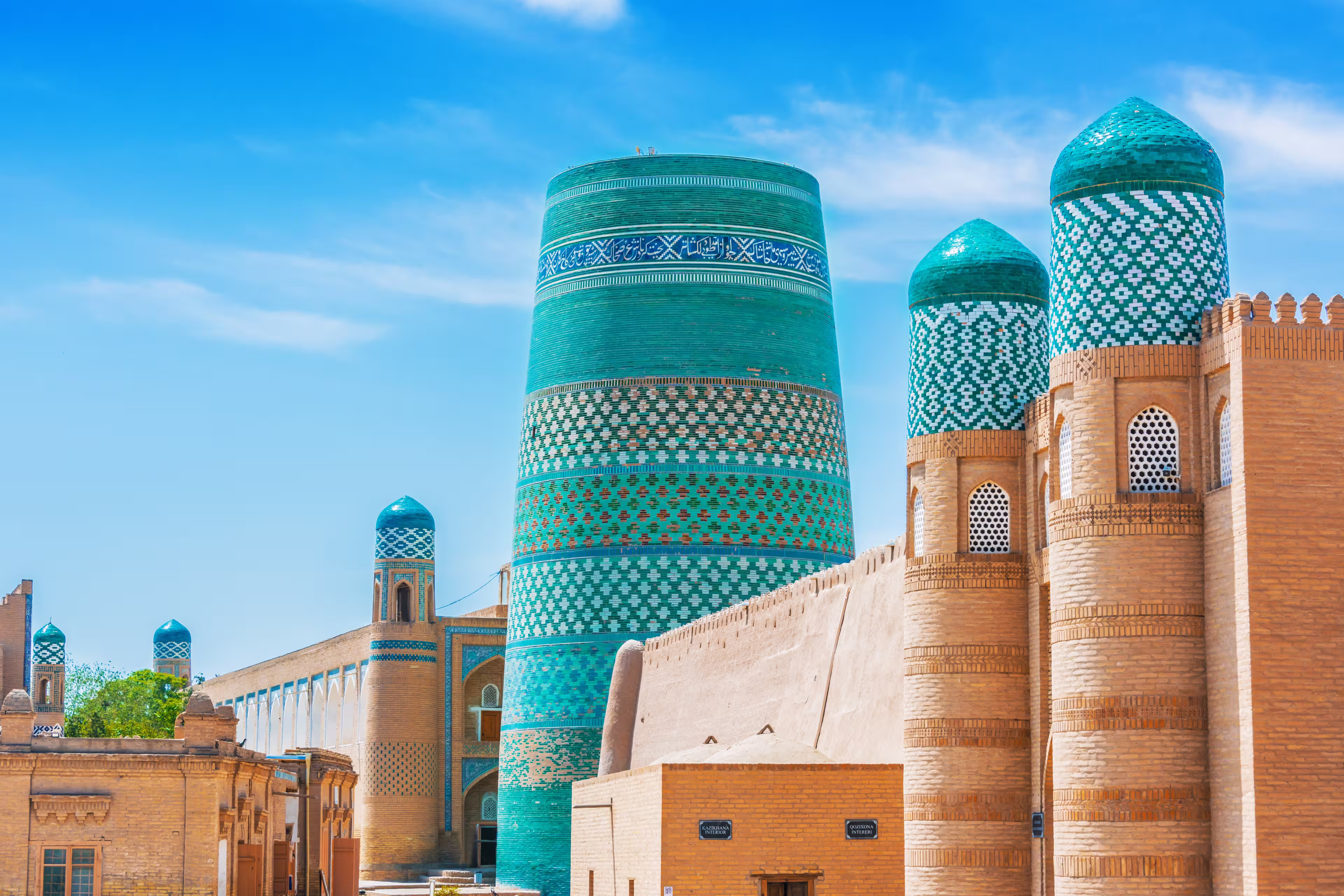 Historic architecture of Itchan Kala, walled inner town of the city of Khiva, Uzbekistan. UNESCO World Heritage Site.
