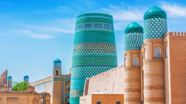 Historic architecture of Itchan Kala, walled inner town of the city of Khiva, Uzbekistan. UNESCO World Heritage Site.