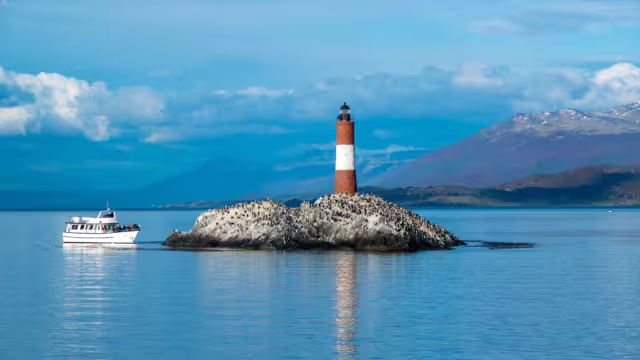 King cormorants colony at famous les eclaireurs lighthouse, ushuaia, argentina tierra del fuego, argentina