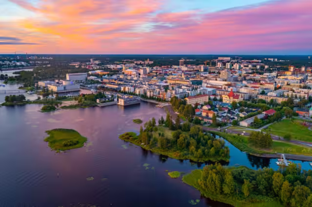 Sunset panorama view of center of Finnish town Oulu.