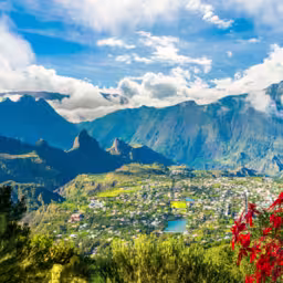 Landscape with Cilaos town in Cirque de Cilaos, La Reunion island