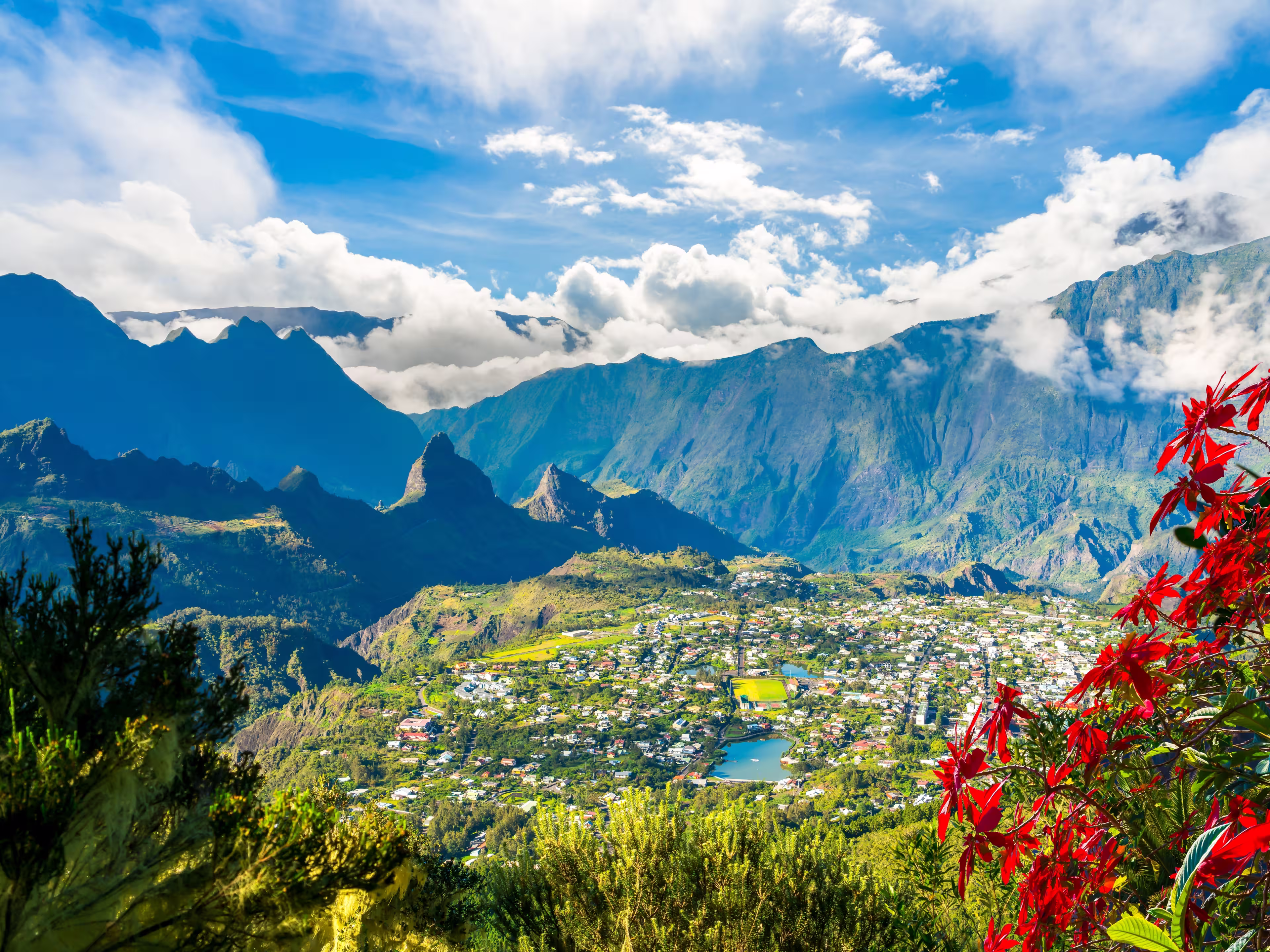 Landscape with Cilaos town in Cirque de Cilaos, La Reunion island