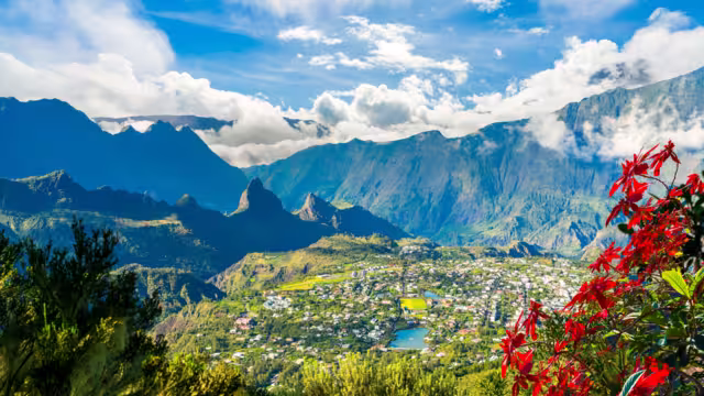 Landscape with Cilaos town in Cirque de Cilaos, La Reunion island