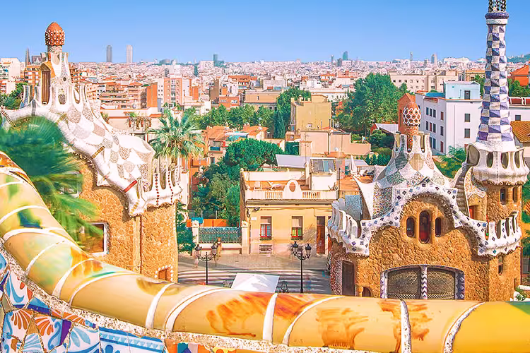 Colourful mosaic and buildings of Guell Park, Barcelona, Spain