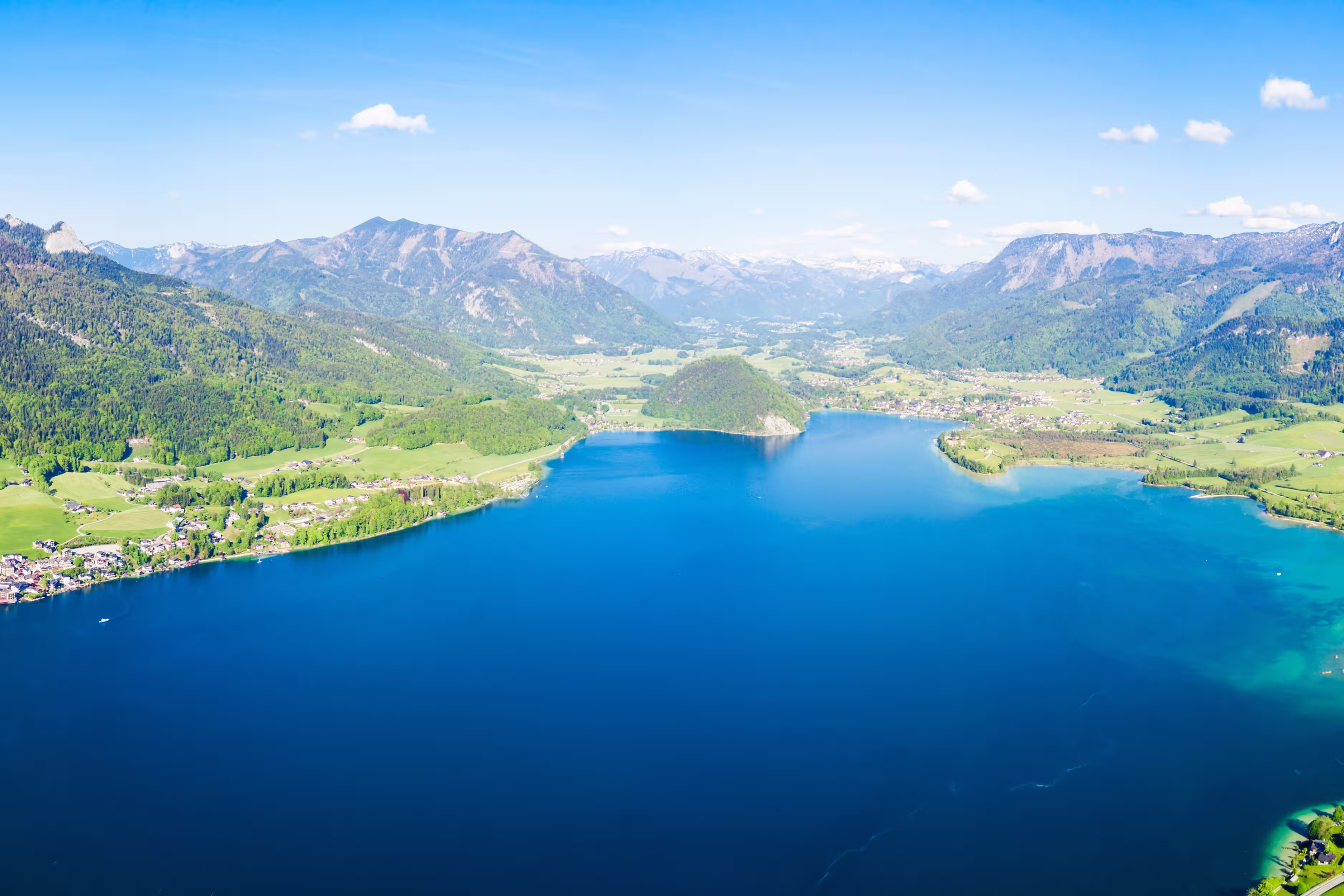 Wolfgangsee lake and St. Wolfgang im Salzkammergut town aerial panoramic view in Austria