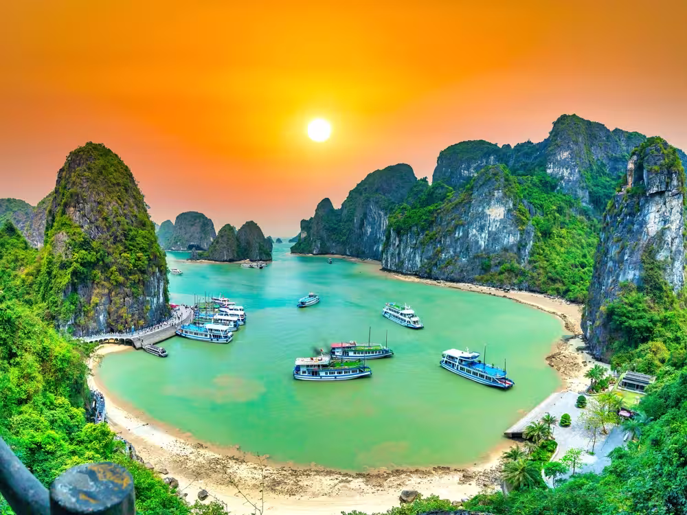 Dreamy sunset landscape Halong Bay, Vietnam view from adove. This is the UNESCO World Heritage Site, a beautiful natural wonder in northern Vietnam