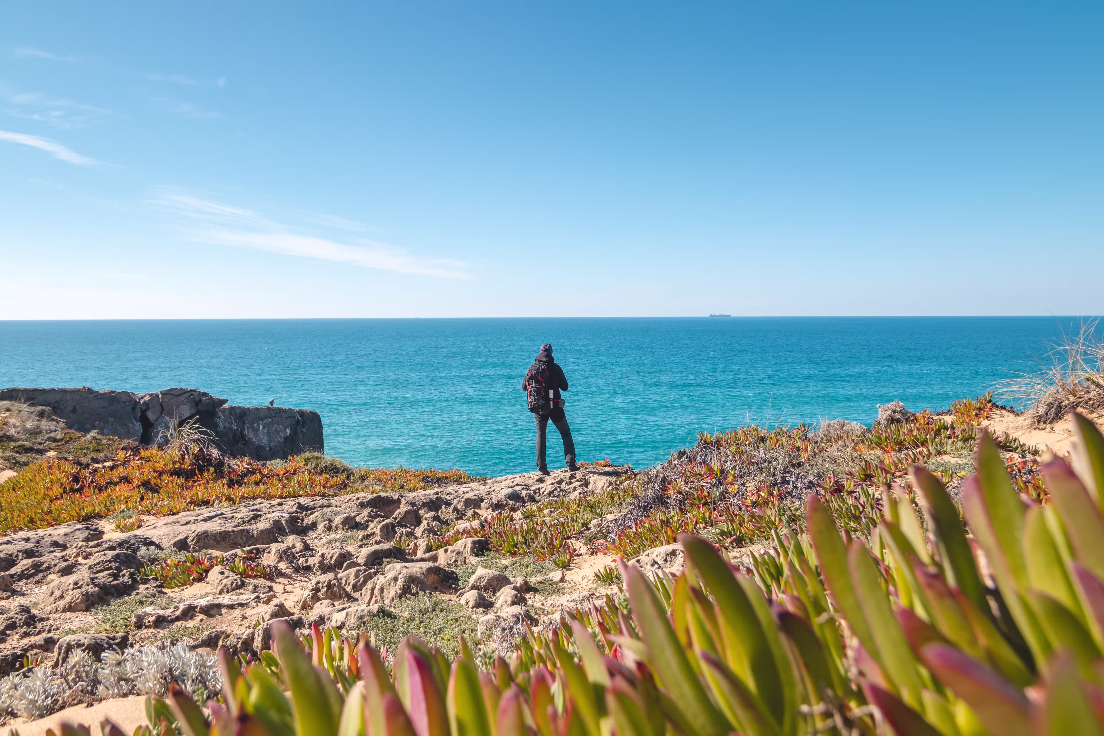 Passionate young backpacker tracks rocky cliffs on the Atlantic coast near Vila Nova de Milfontes, Odemira, Portugal. In the footsteps of Rota Vicentina. Fisherman trail.