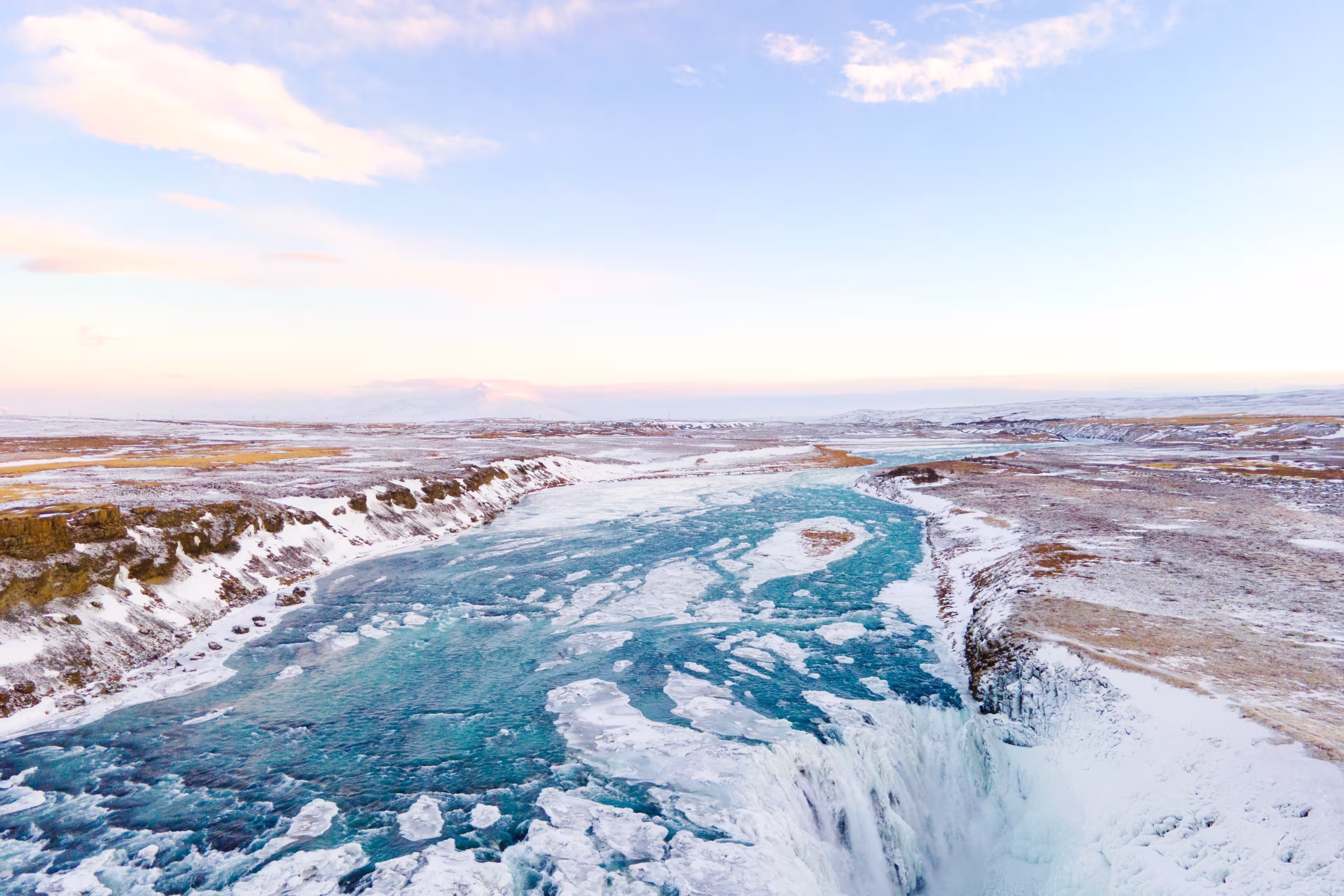 Snowy Gullfoss waterfall, Hvítá, Iceland