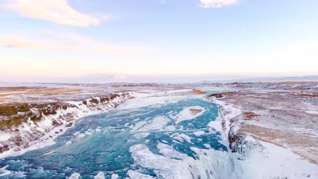 Snowy Gullfoss waterfall, Hvítá, Iceland