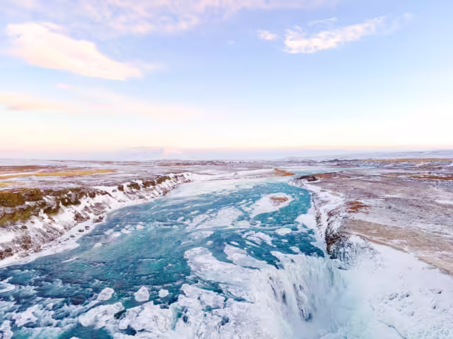 Snowy Gullfoss waterfall, Hvítá, Iceland