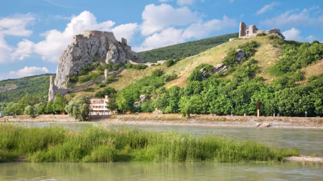 The ruins of Devin castle near Bratislava over the Danube river.
