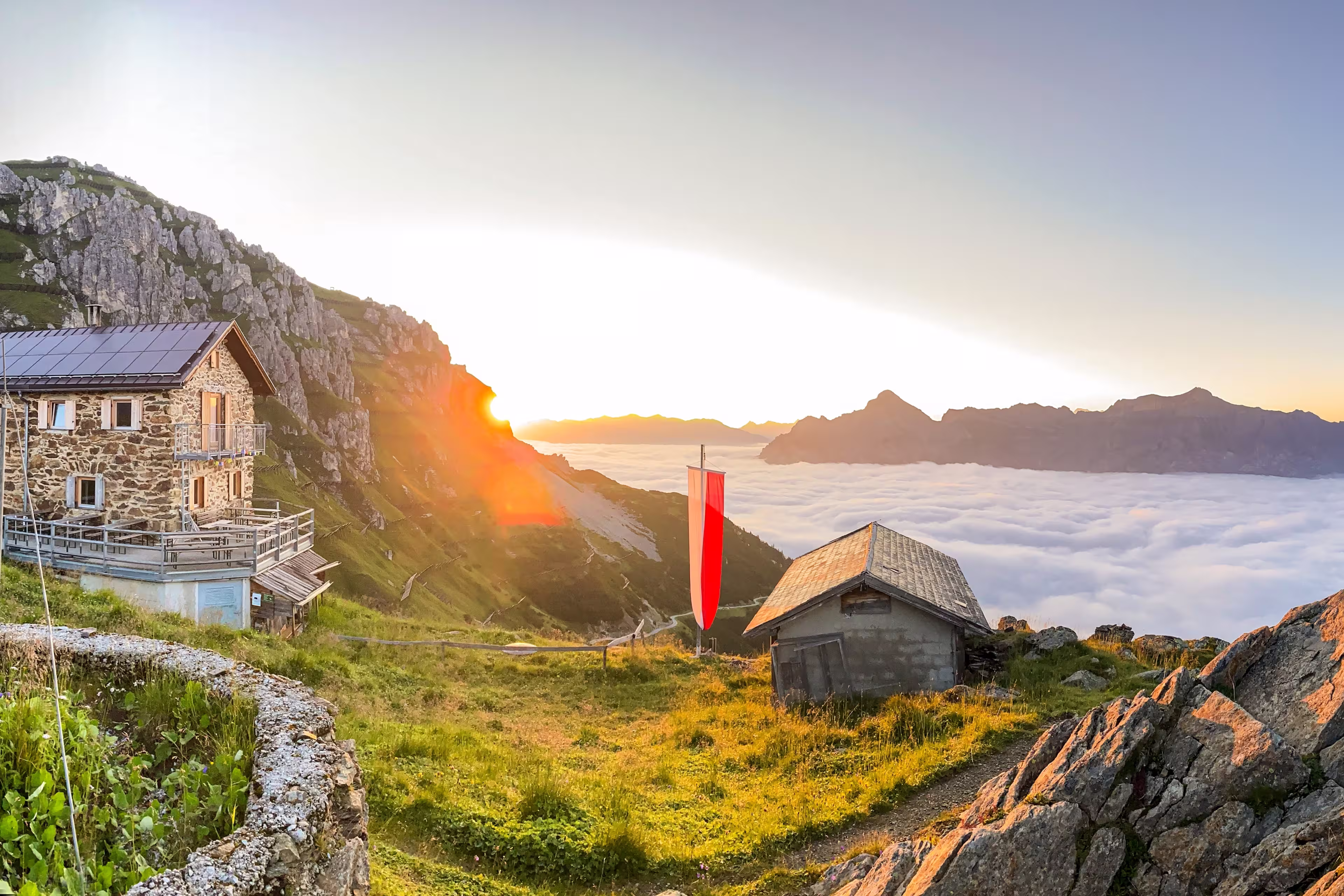 Hiking near Starkenburger hut at Stubai High Trail (Stubaier Höhenweg), one of the most beautiful high-altitude hikes in the austrian Alps, near stubai glacier and Innsbruck in summer, Tirol Austria