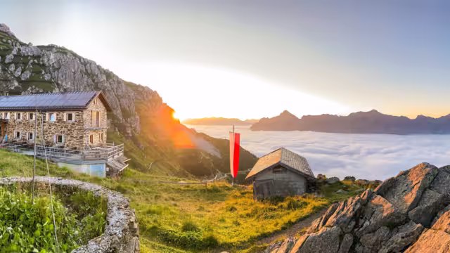 Hiking near Starkenburger hut at Stubai High Trail (Stubaier Höhenweg), one of the most beautiful high-altitude hikes in the austrian Alps, near stubai glacier and Innsbruck in summer, Tirol Austria