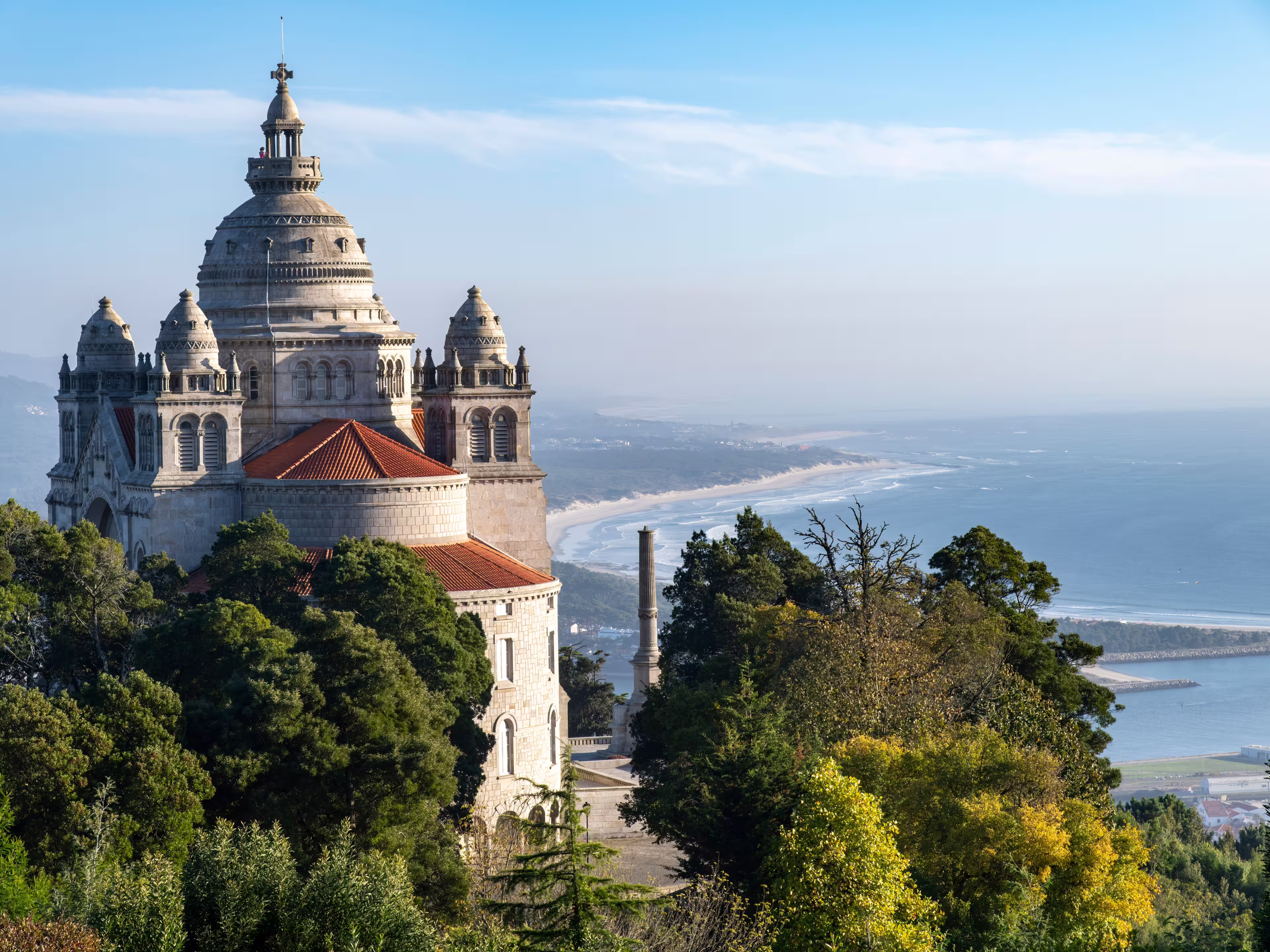 Viana do Castelo, Portugal-October 7, 2023; Sanctuary of the Sacred Heart of Jesus or Sanctuary of Santa Luzia located at the top of Mount Santa Luzia with area beaches in background