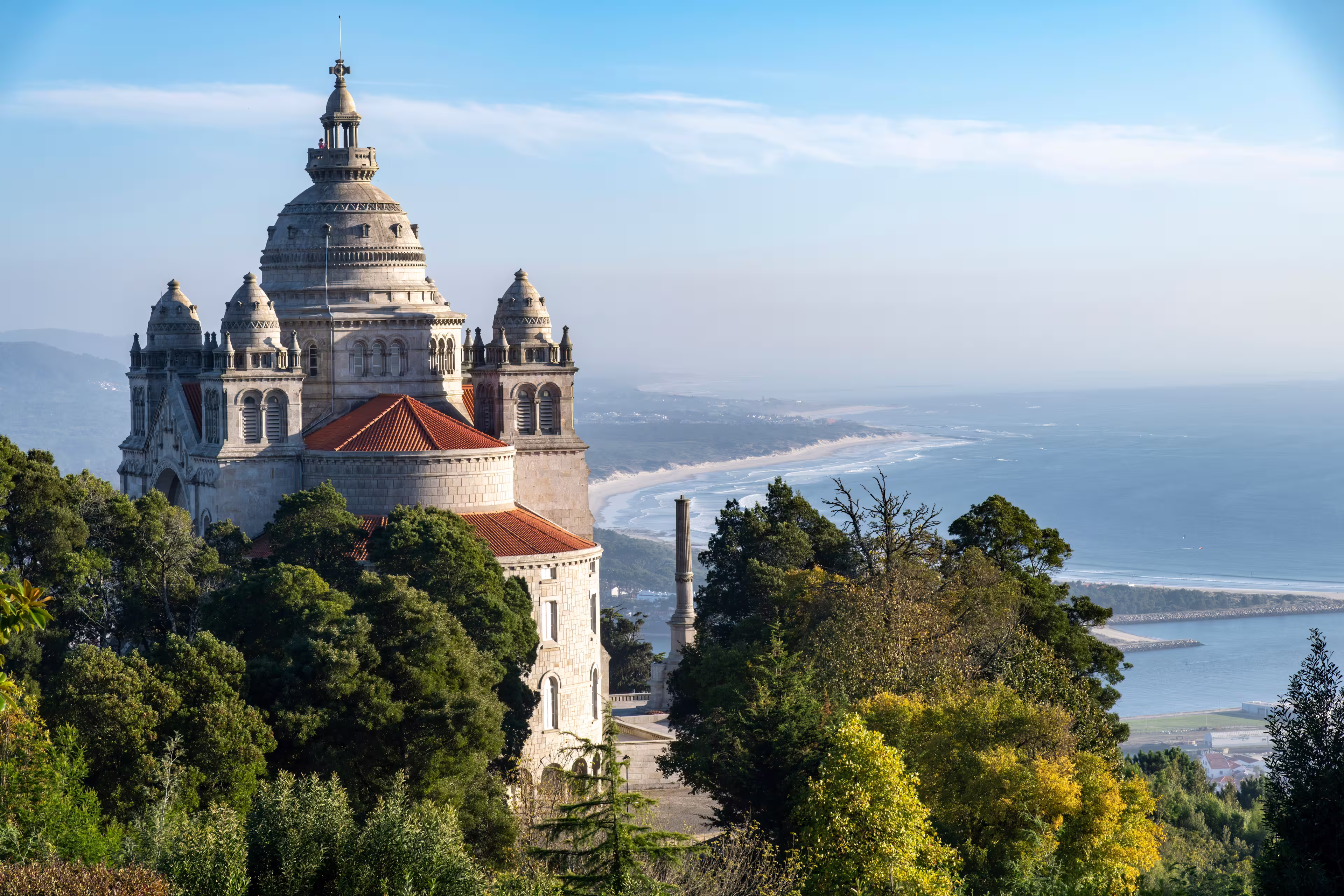 Viana do Castelo, Portugal-October 7, 2023; Sanctuary of the Sacred Heart of Jesus or Sanctuary of Santa Luzia located at the top of Mount Santa Luzia with area beaches in background